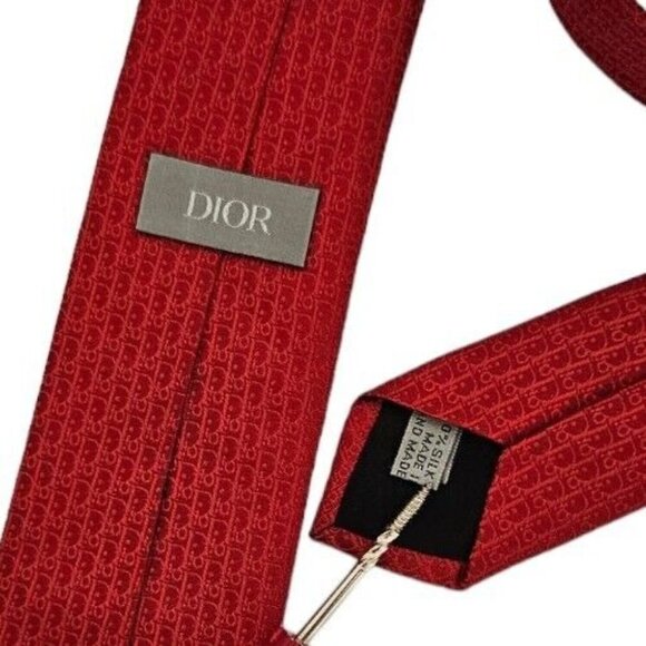 DIOR Red Monogrammed Silk Slim Tie HANDMADE FRANCE 60"/ 2.7" EC - Picture 2 of 8